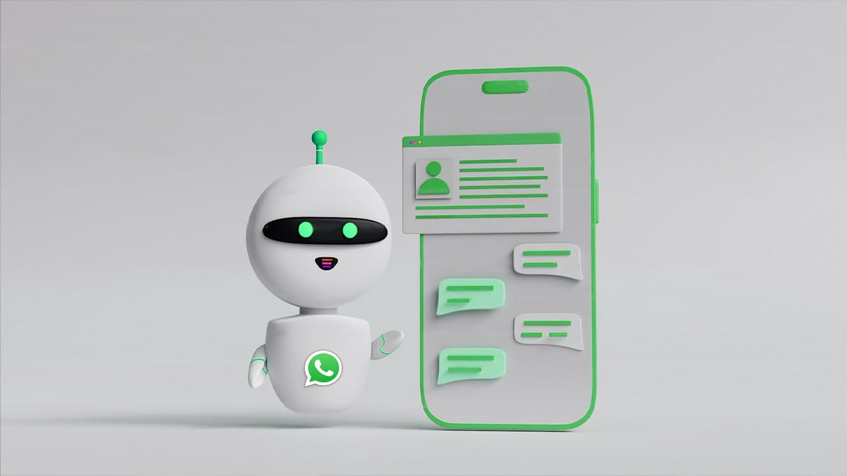 Robô de atendimento ao lado de um celular com mensagens de WhatsApp