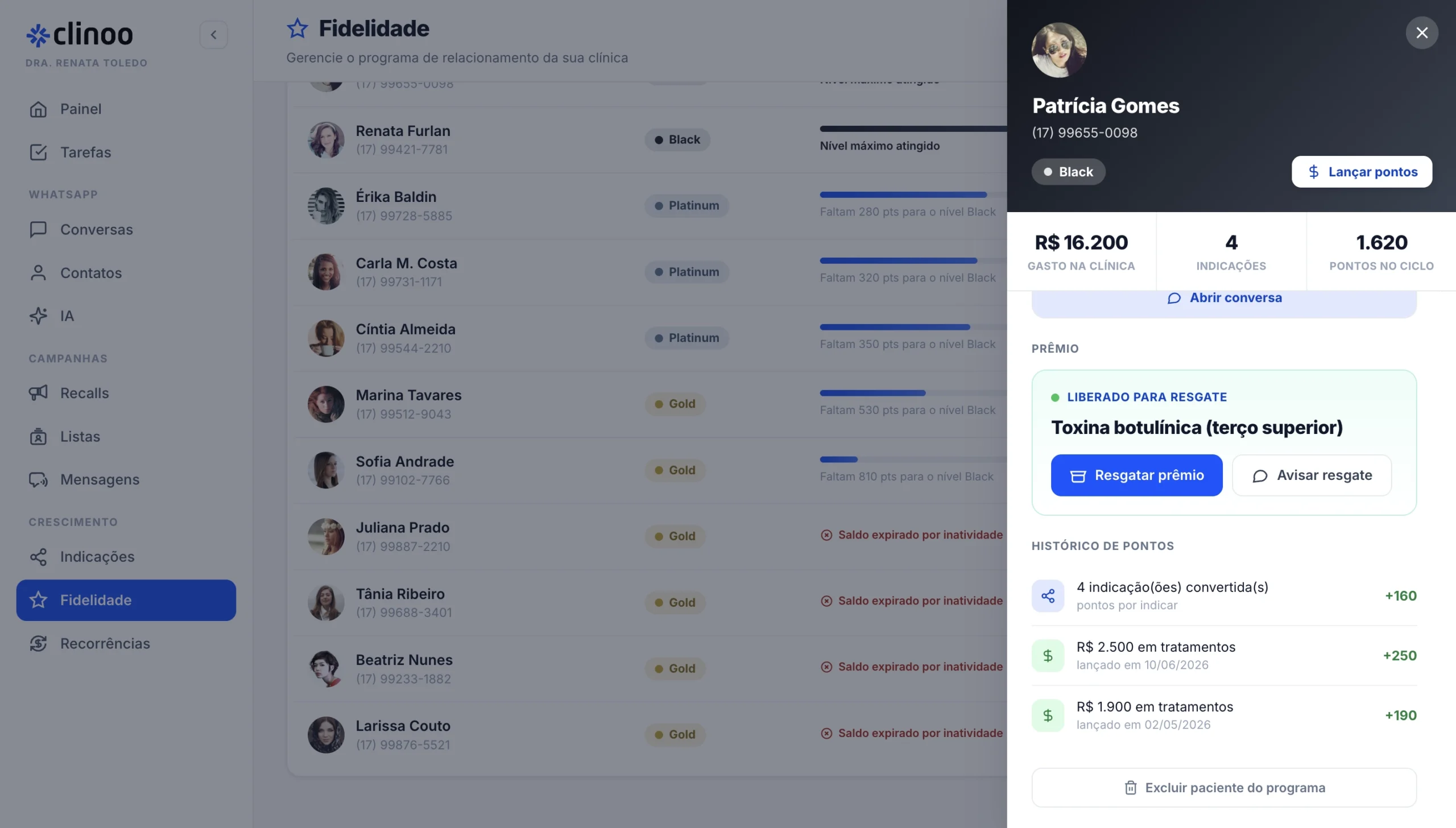 Painel de fidelidade do Clinoo