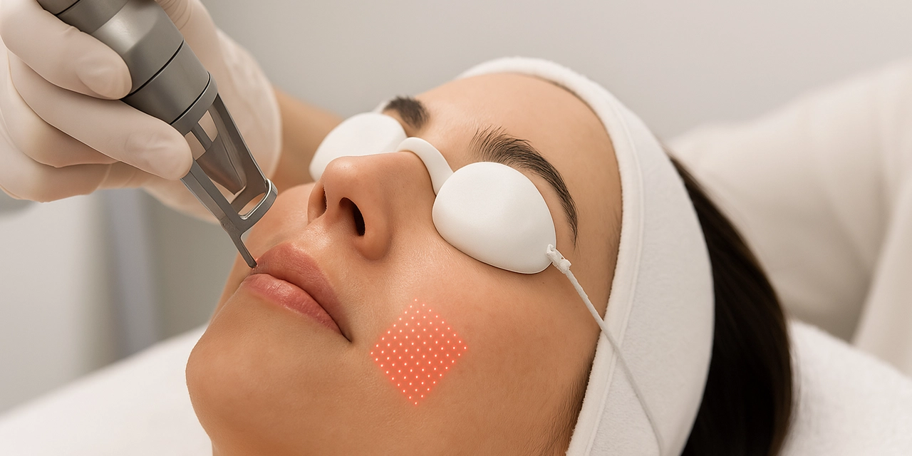 Sessão de laser no rosto, com a paciente usando óculos de proteção