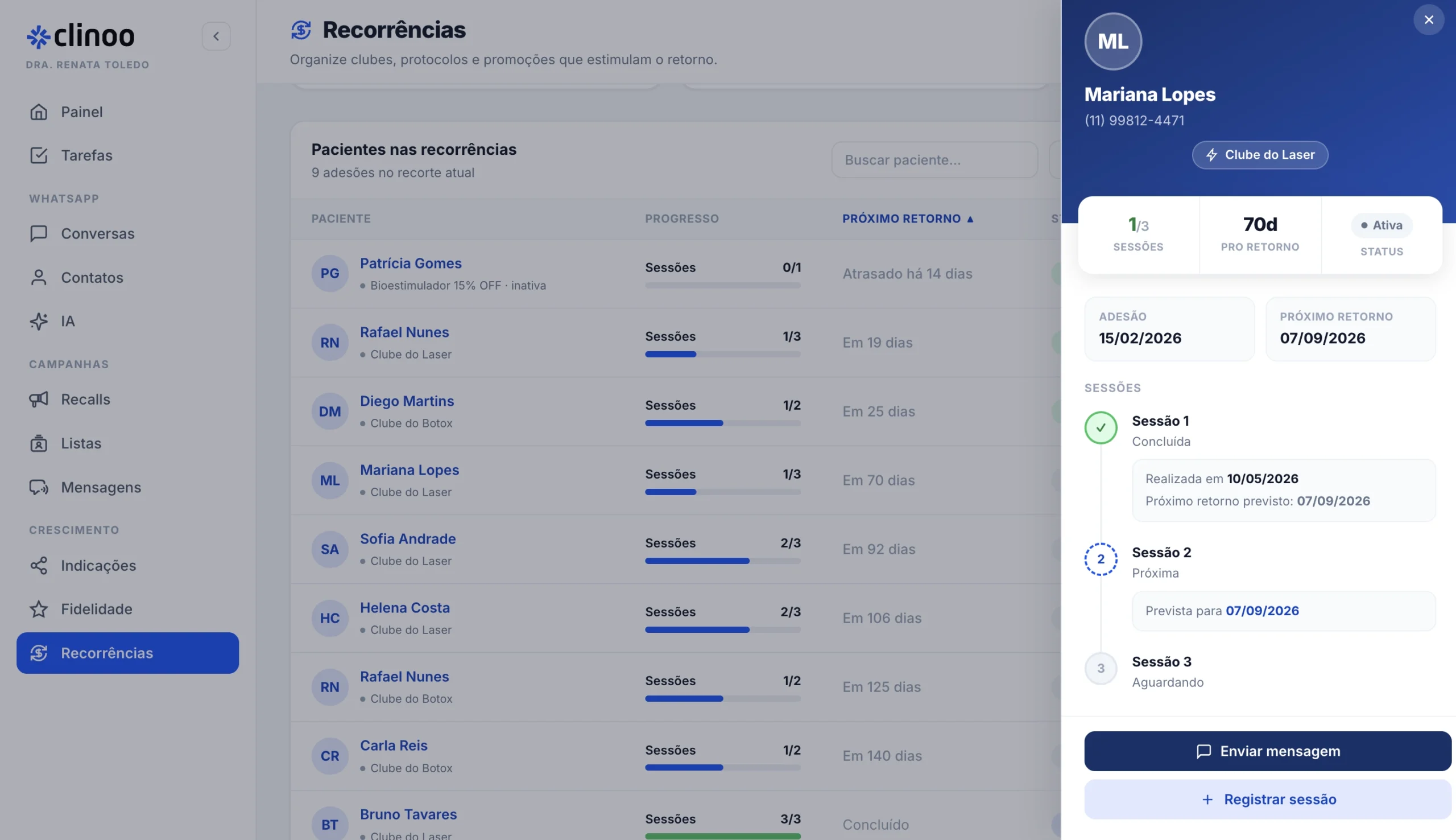 Painel de recorrências do Clinoo