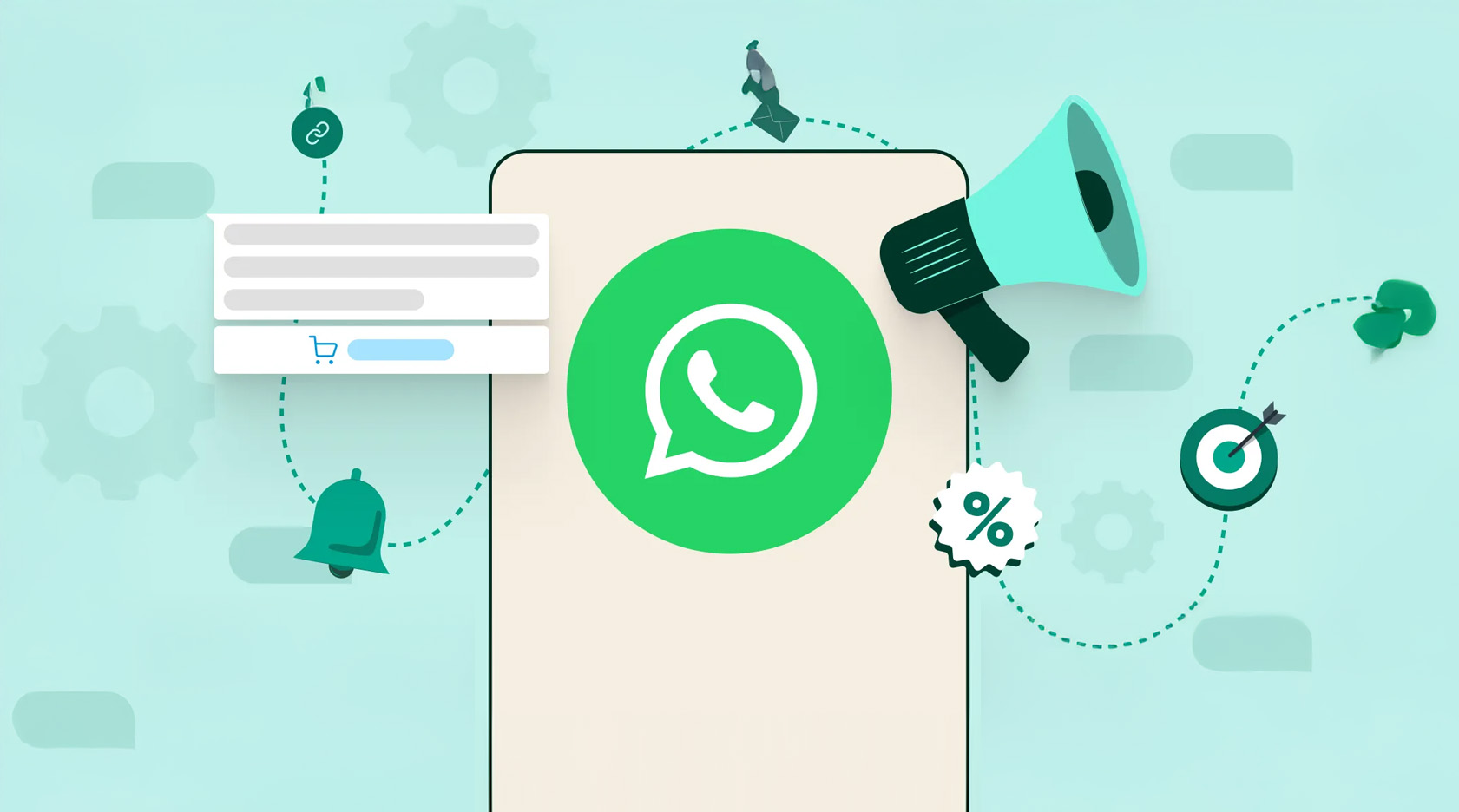 Ilustração de campanha de mensagens no WhatsApp, com megafone e notificações